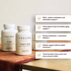 CELLSHE Cellular Trio bottles (NAD+, NMN 500, Resveratrol 600) on rust linen, beside a list of benefit callouts