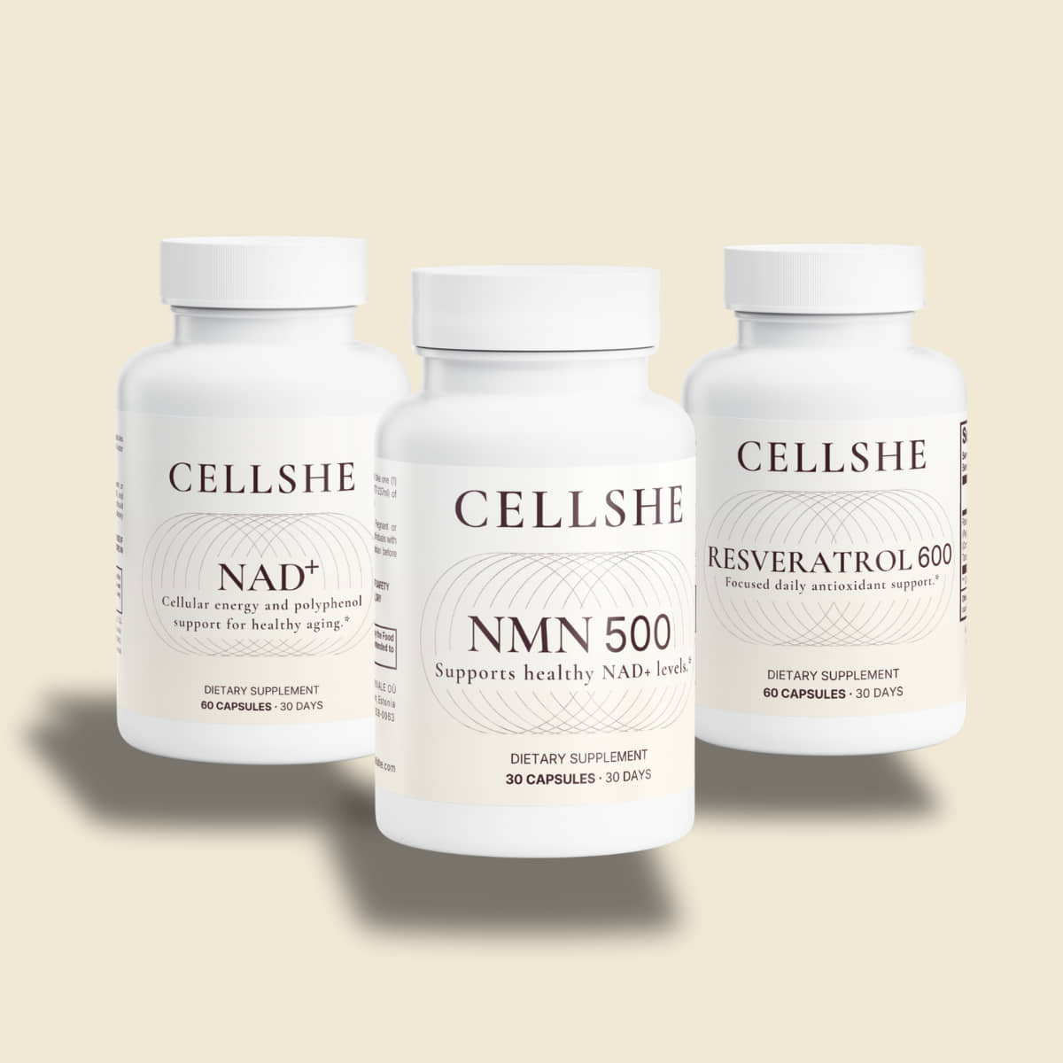 CELLSHE Cellular Trio: NAD+, NMN 500, and Resveratrol 600 supplement bottles on a cream background