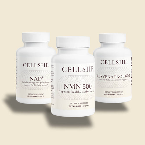 CELLSHE Cellular Trio: NAD+, NMN 500, and Resveratrol 600 supplement bottles on a cream background
