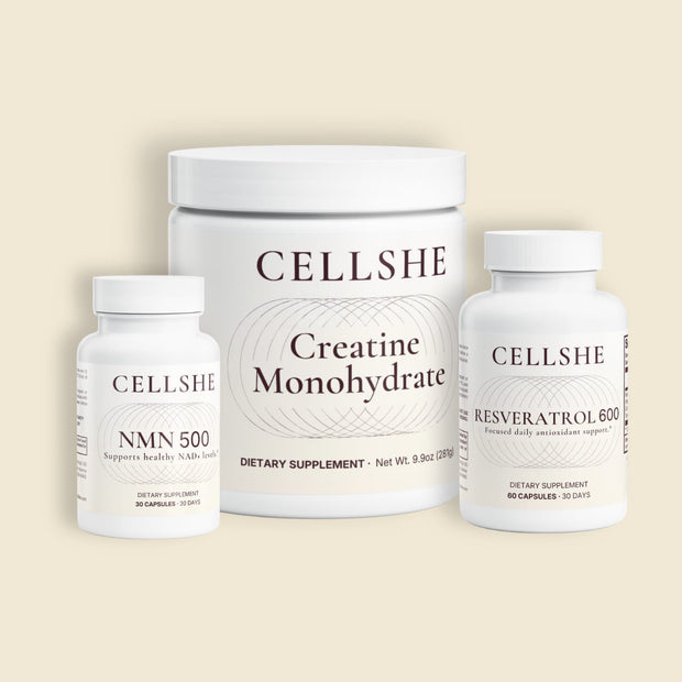CELLSHE Cellular Trio: NMN 500, Resveratrol 600 and Creatine Monohydrate supplement bottles on a cream background
