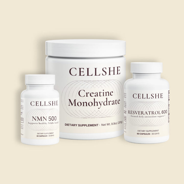 CELLSHE Cellular Trio: NMN 500, Resveratrol 600 and Creatine Monohydrate supplement bottles on a cream background