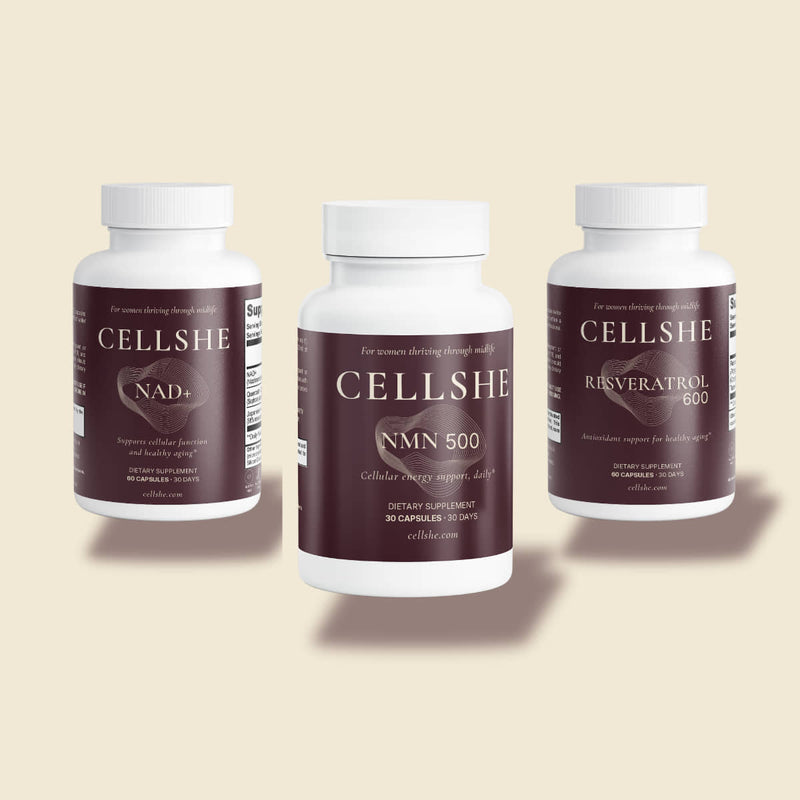 nad-plus-resveratrol-600
CELLSHE The Cellular Trio supplement bottles featuring NMN 500, NAD+, and Resveratrol 600 for women's daily wellness routine