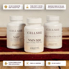 CELLSHE Cellular Trio three bottles with badges: third-party tested, manufactured in the USA, 30-day supply
