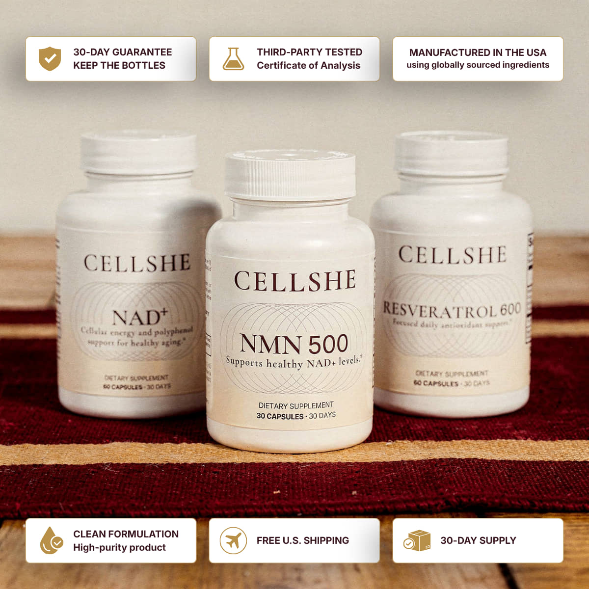 CELLSHE Cellular Trio three bottles with badges: third-party tested, manufactured in the USA, 30-day supply