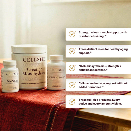 CELLSHE Cellular Trio bottles (NMN 500, Resveratrol 600, Creatine Monohydrate) on rust linen, beside a list of benefit callouts