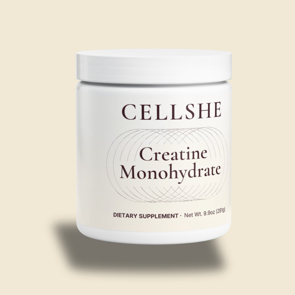CELLSHE creatine monohydrate dietary supplement container, front label, 50 servings, on a cream background.