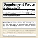 CELLSHE creatine monohydrate Supplement Facts panel: 5000mg creatine monohydrate per serving, and suggested use