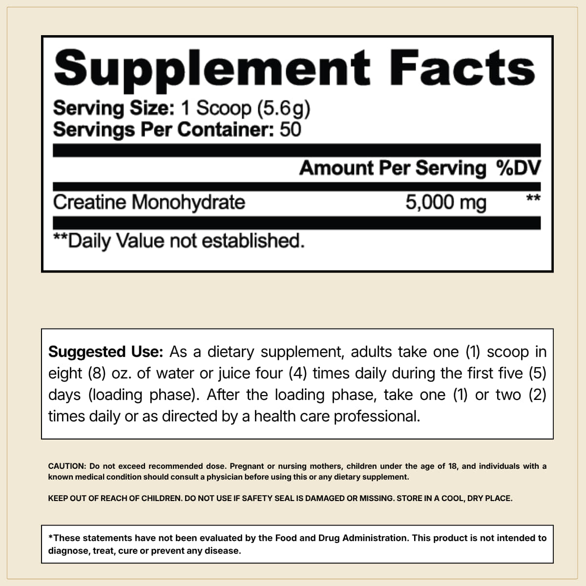 CELLSHE creatine monohydrate Supplement Facts panel: 5000mg creatine monohydrate per serving, and suggested use
