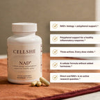 CELLSHE NAD+ bottle with two capsules on rust linen, beside a list of product benefit callouts