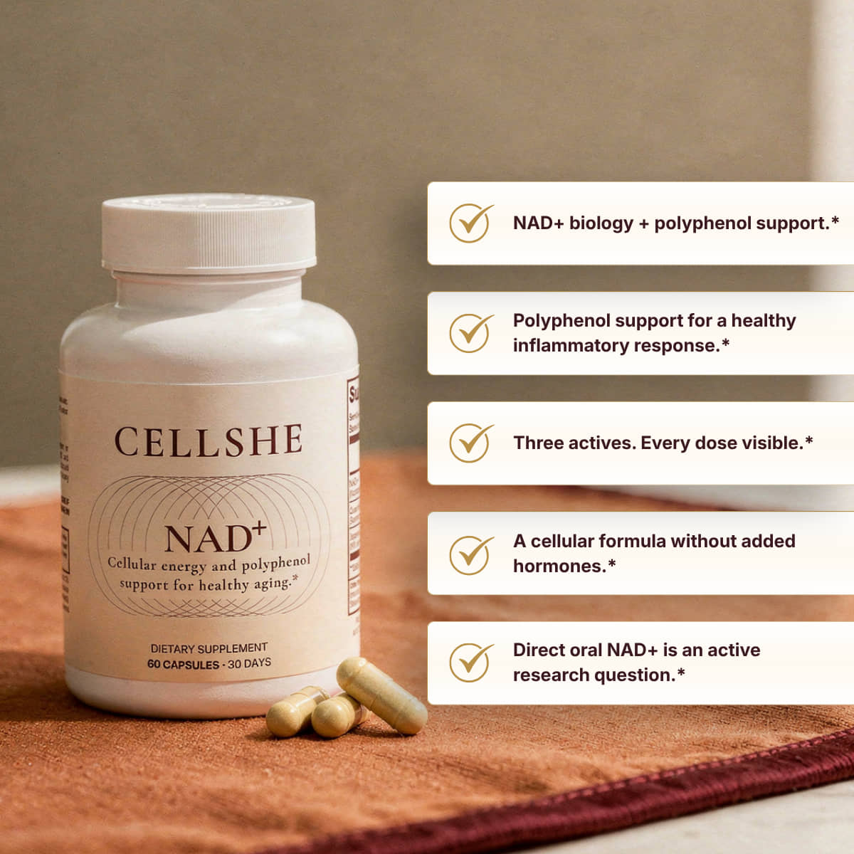 CELLSHE NAD+ bottle with two capsules on rust linen, beside a list of product benefit callouts