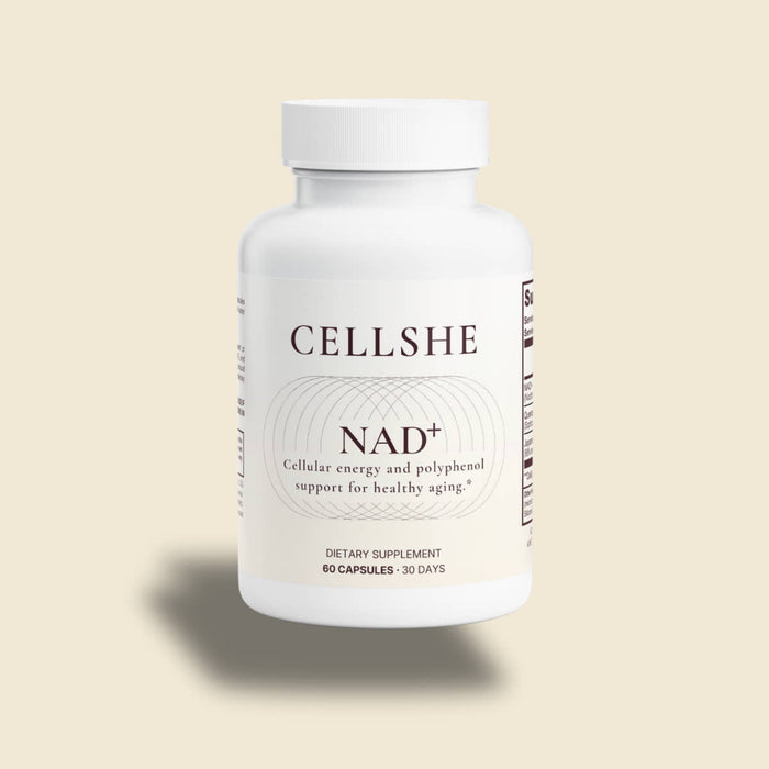 CELLSHE NAD+ dietary supplement bottle, front label, 60 capsules, on a cream background