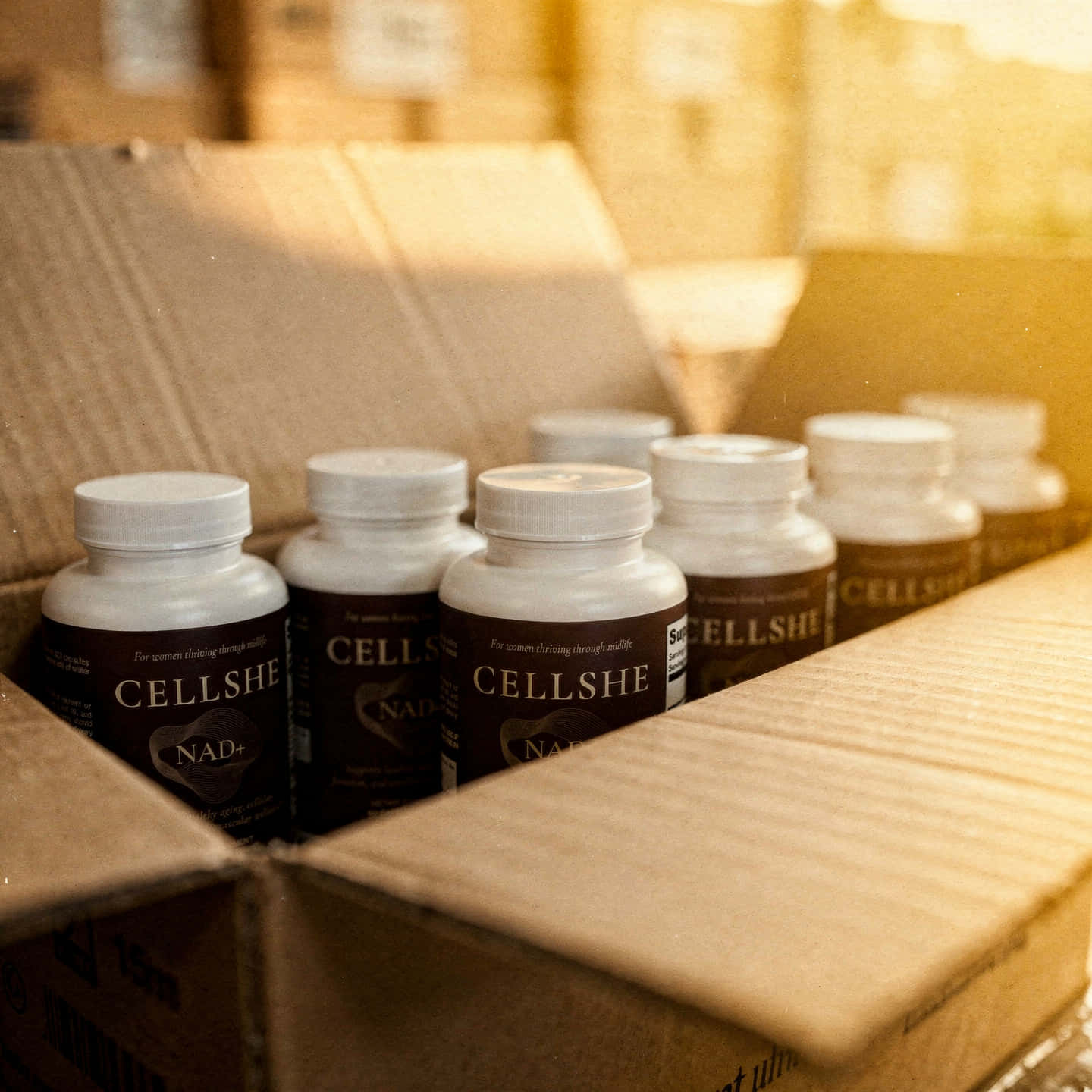 CELLSHE NAD+ supplement bottles inside cardboard shipping boxes