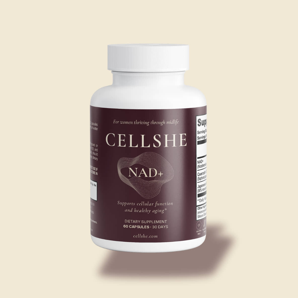 CELLSHE NAD+ supplement bottle for women's healthy aging and cellular wellness support