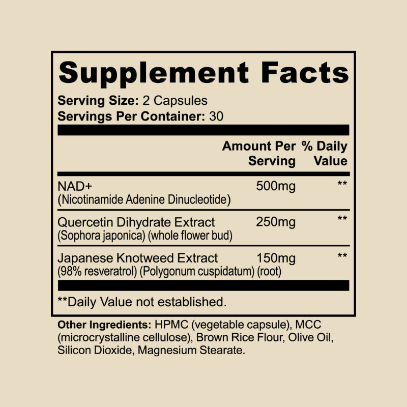 Supplement Facts panel for CELLSHE NAD+ showing NAD+, Quercetin, and Japanese Knotweed extract amounts