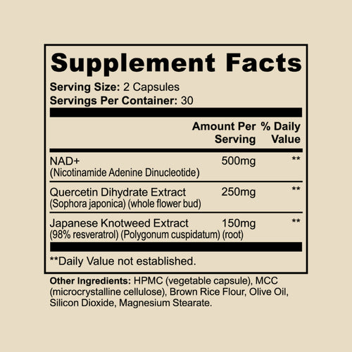 Supplement Facts panel for CELLSHE NAD+ showing NAD+, Quercetin, and Japanese Knotweed extract amounts
