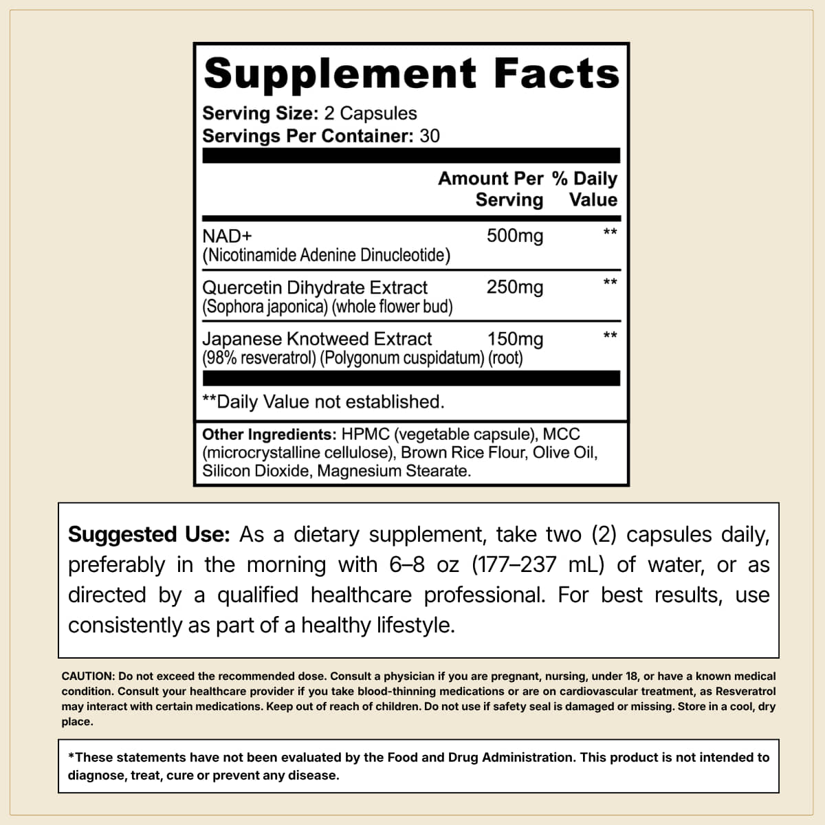 CELLSHE NAD+ Supplement Facts panel: NAD+ 500 mg, quercetin 250 mg, Japanese Knotweed extract 150 mg per 2-capsule serving