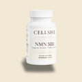 CELLSHE NMN 500 dietary supplement bottle, front label, 30 capsules, on a cream background