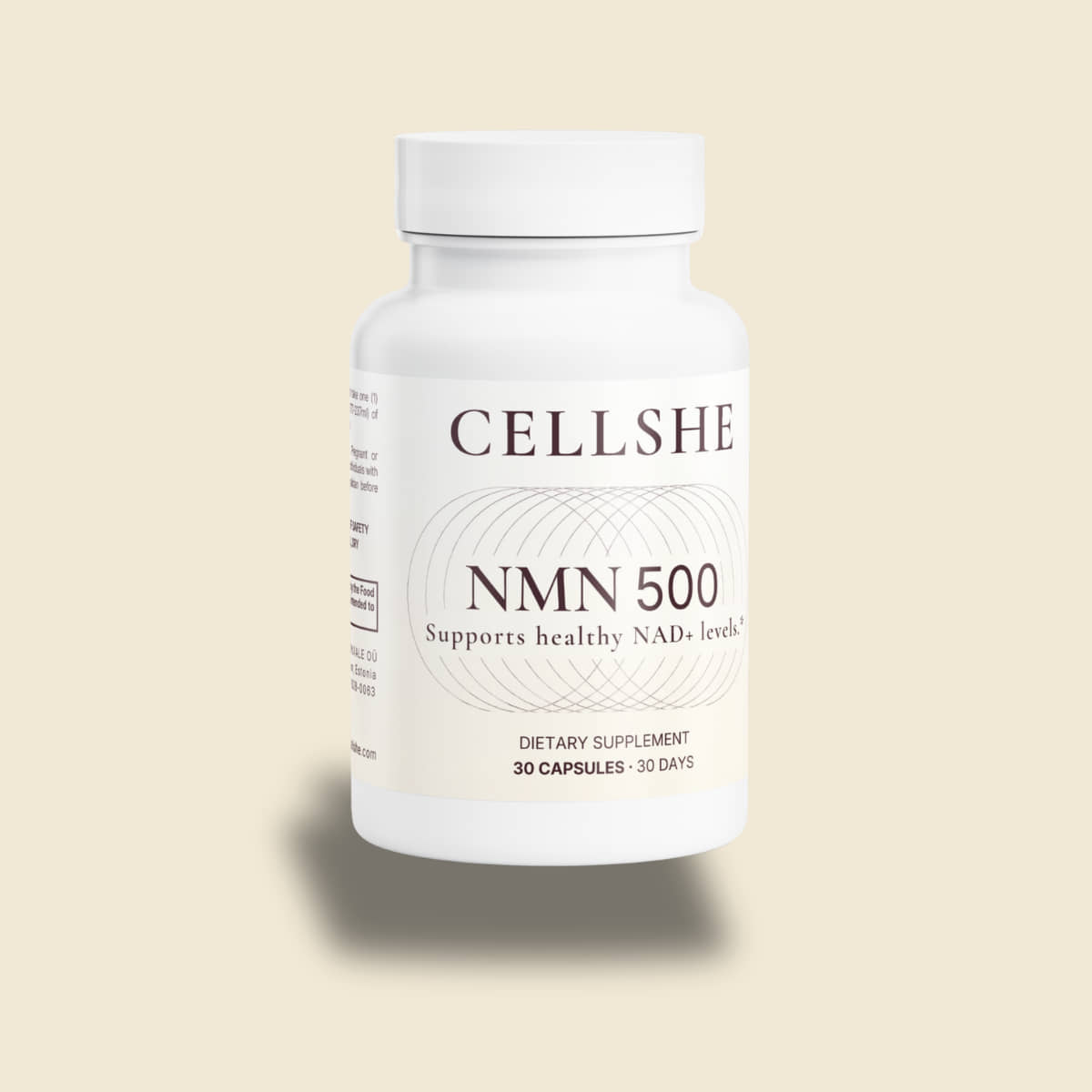 CELLSHE NMN 500 dietary supplement bottle, front label, 30 capsules, on a cream background