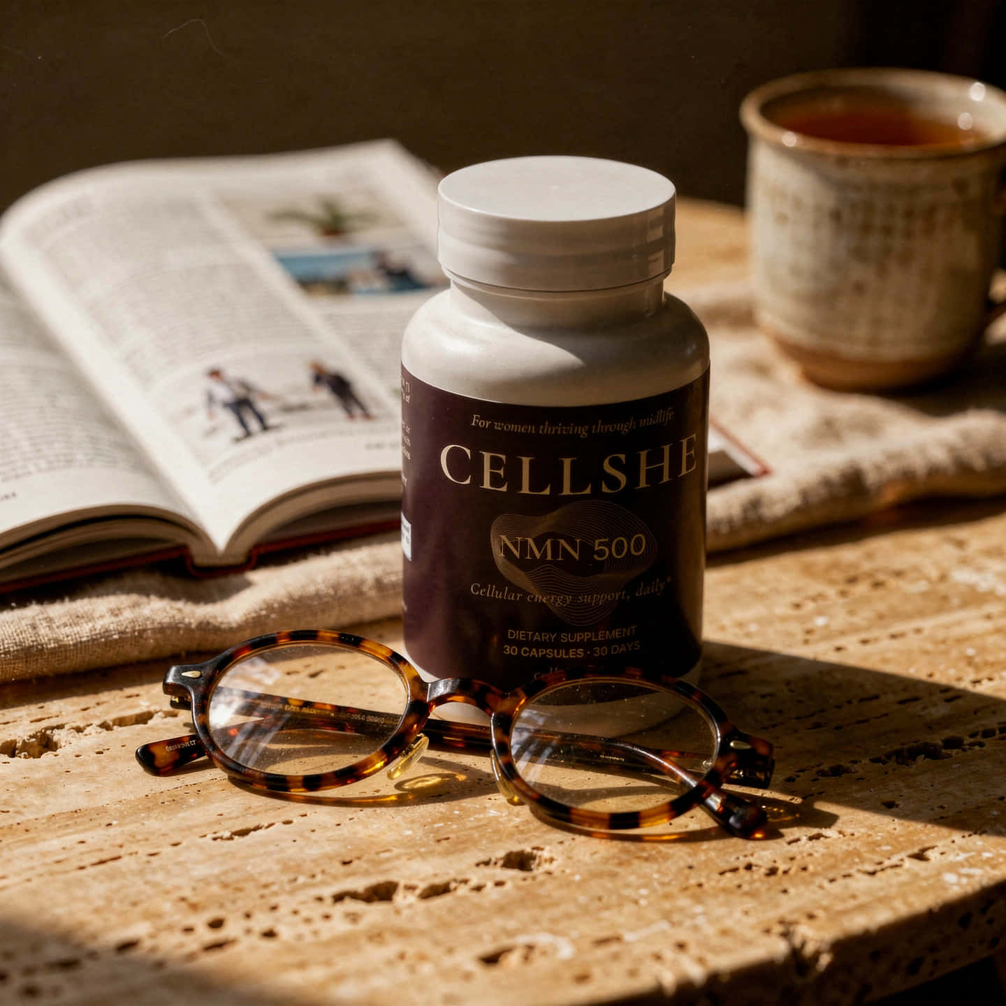 CELLSHE NMN 500 bottle with glasses, an open book, and tea on a stone table