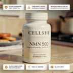 CELLSHE NMN 500 bottle on a kitchen counter with badges: third-party tested, manufactured in the USA, 30-day supply