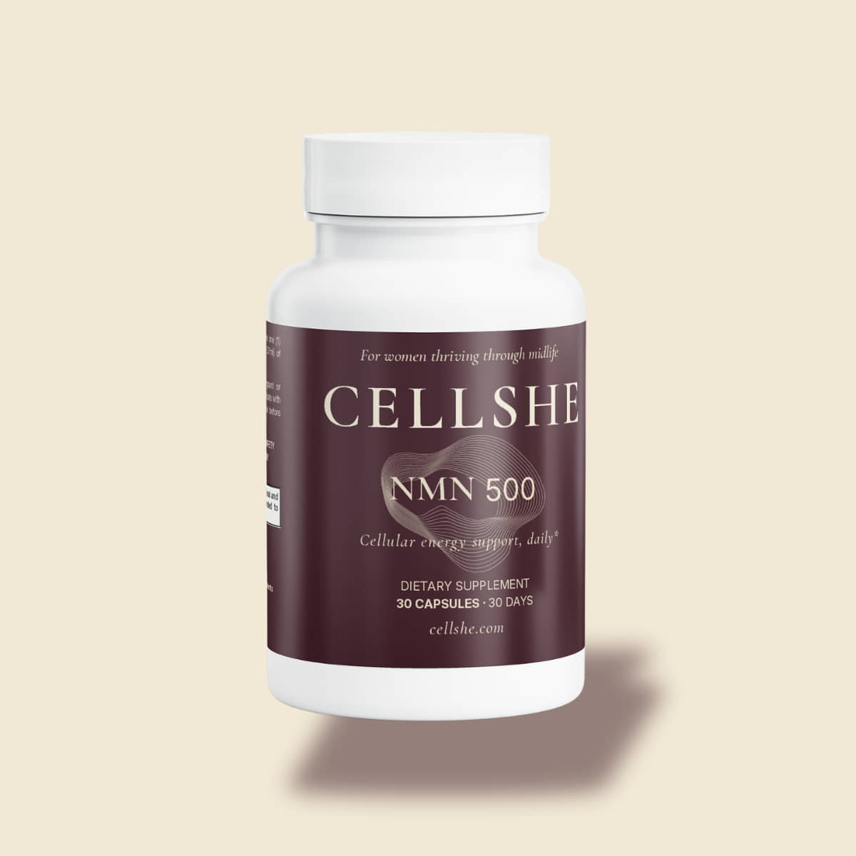 CELLSHE NMN 500 supplement bottle for women's healthy aging and cellular wellness support