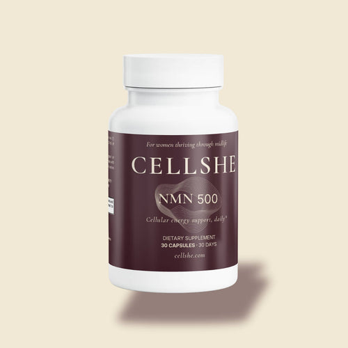 CELLSHE NMN 500 supplement bottle for women's healthy aging and cellular wellness support