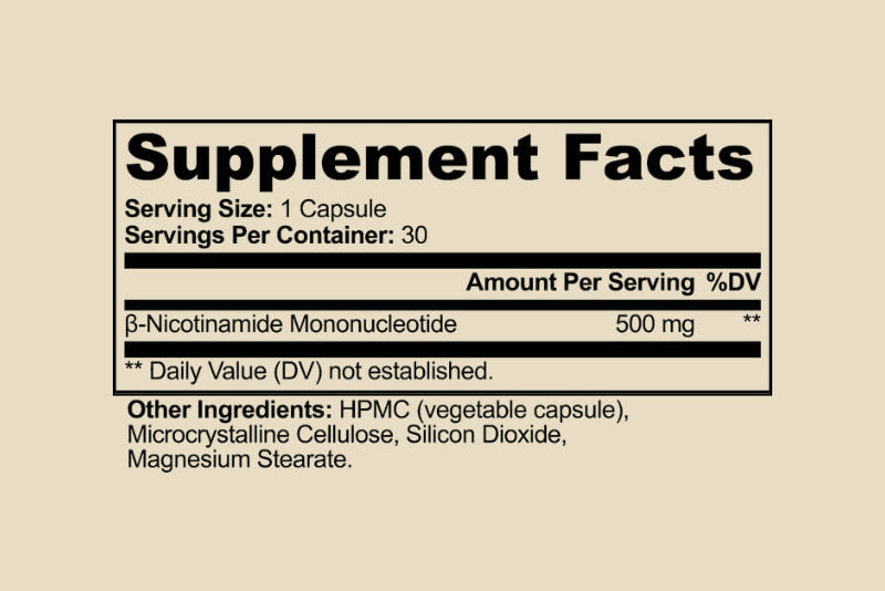 Supplement Facts panel for CELLSHE NMN 500 showing 500 mg β-Nicotinamide Mononucleotide per capsule