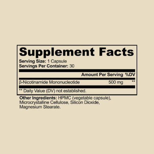 Supplement Facts panel for CELLSHE NMN 500 showing 500 mg β-Nicotinamide Mononucleotide per capsule