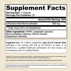 CELLSHE NMN 500 Supplement Facts panel: 500 mg beta-nicotinamide mononucleotide per capsule, other ingredients, and suggested use