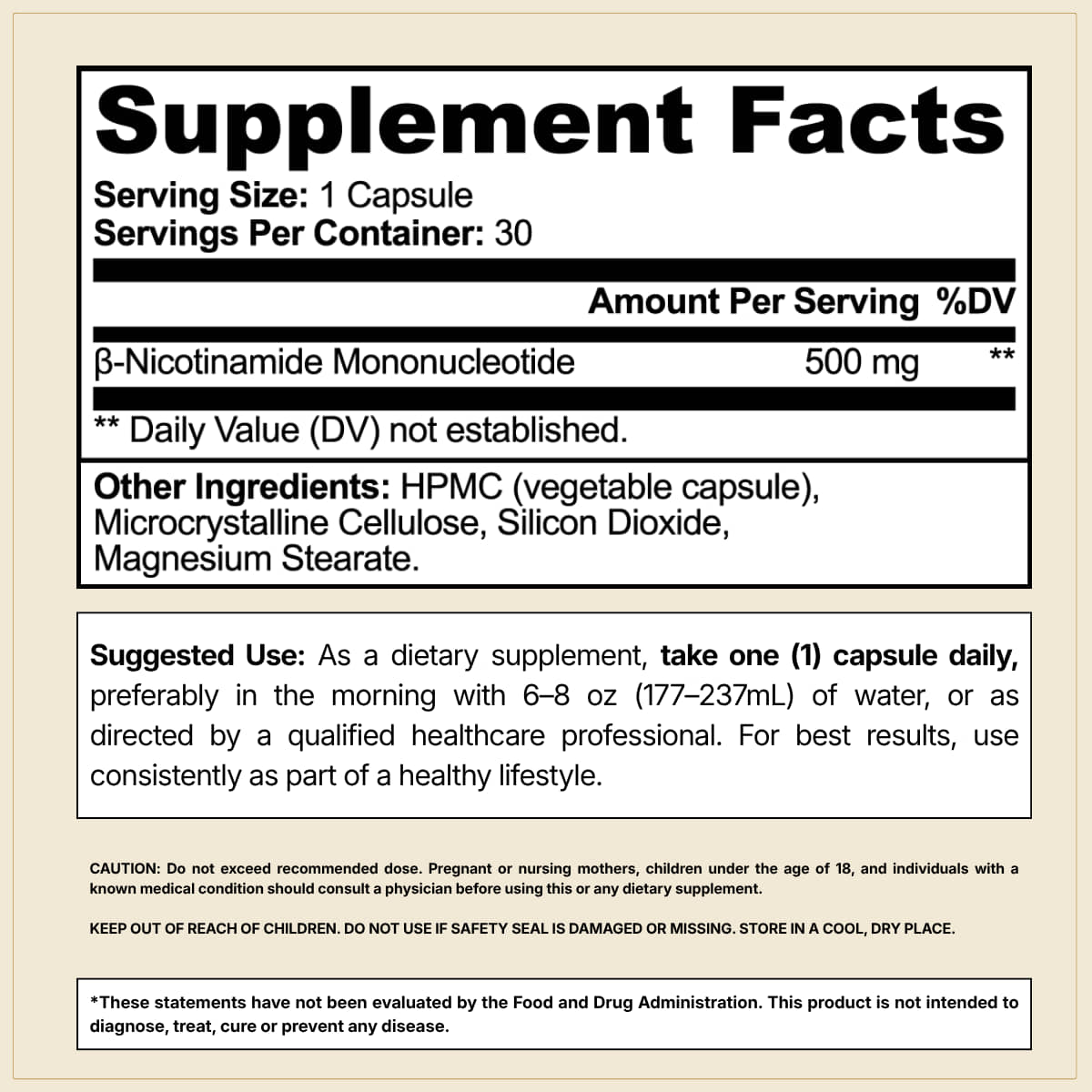 CELLSHE NMN 500 Supplement Facts panel: 500 mg beta-nicotinamide mononucleotide per capsule, other ingredients, and suggested use