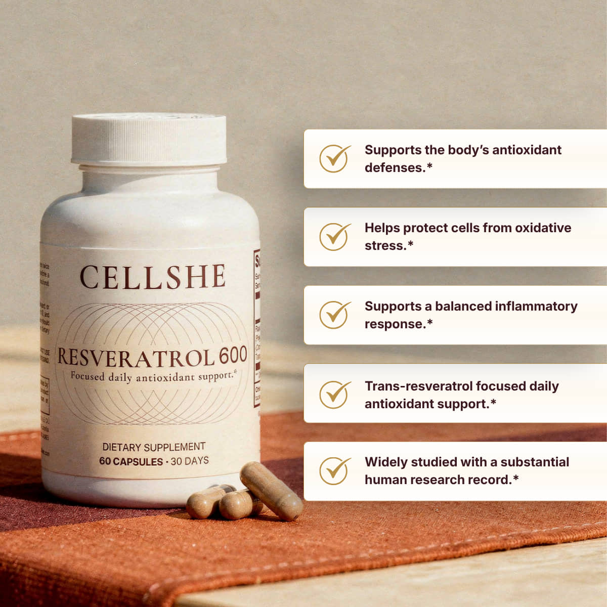 CELLSHE Resveratrol 600 bottle with three capsules on rust linen, beside a list of product benefit callouts