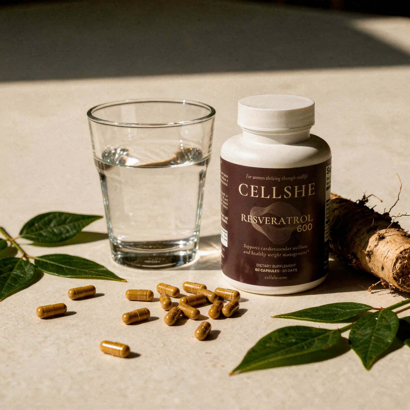 CELLSHE Resveratrol 600 supplement bottle with capsules and a glass of water