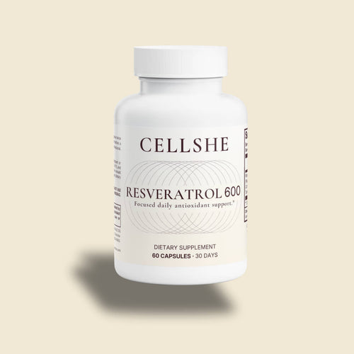 CELLSHE Resveratrol 600 dietary supplement bottle, front label, 60 capsules, on a cream background