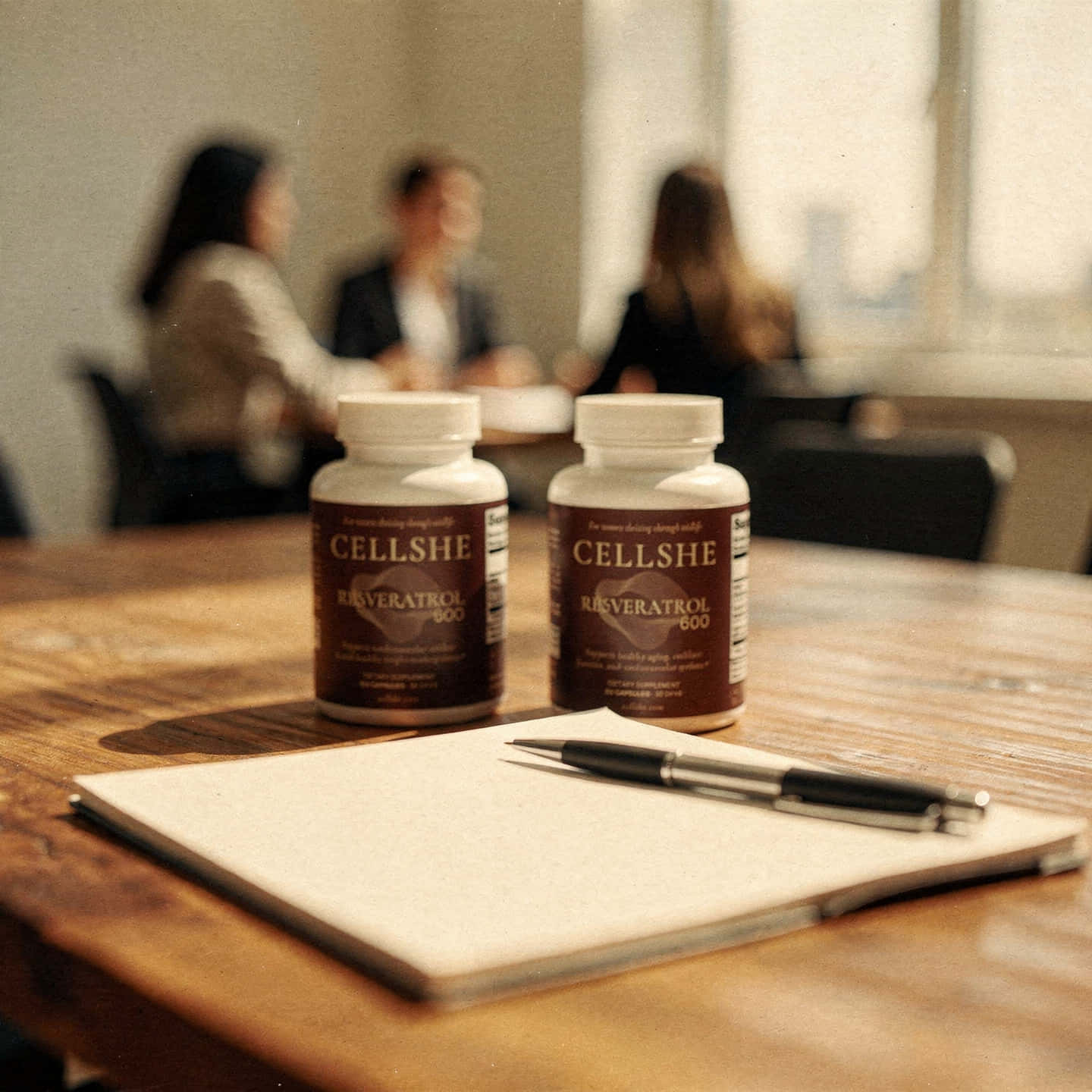CELLSHE Resveratrol 600 bottles on a wooden desk beside a notebook
