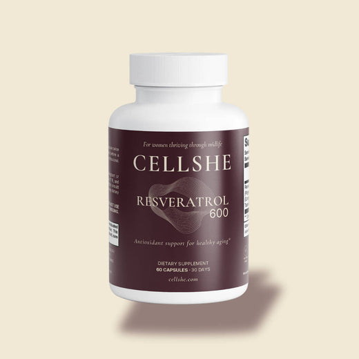 CELLSHE Resveratrol 600 supplement bottle for women’s midlife wellness and polyphenol support