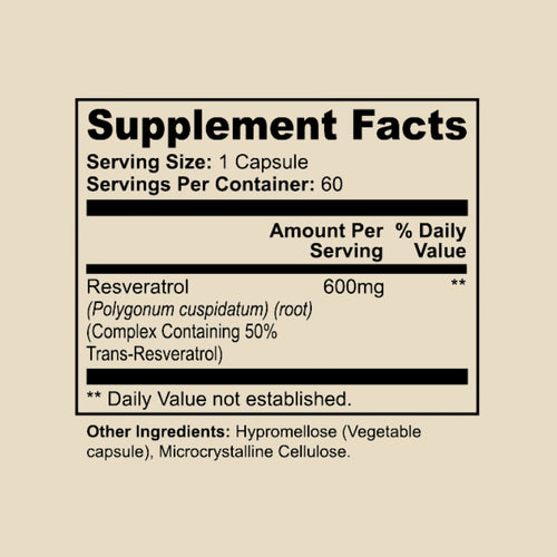 Supplement Facts panel for CELLSHE Resveratrol 600 showing 600 mg Japanese Knotweed extract per serving