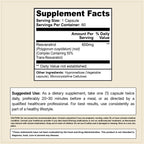 CELLSHE Resveratrol 600 Supplement Facts panel: 600 mg resveratrol per capsule, other ingredients, and suggested use