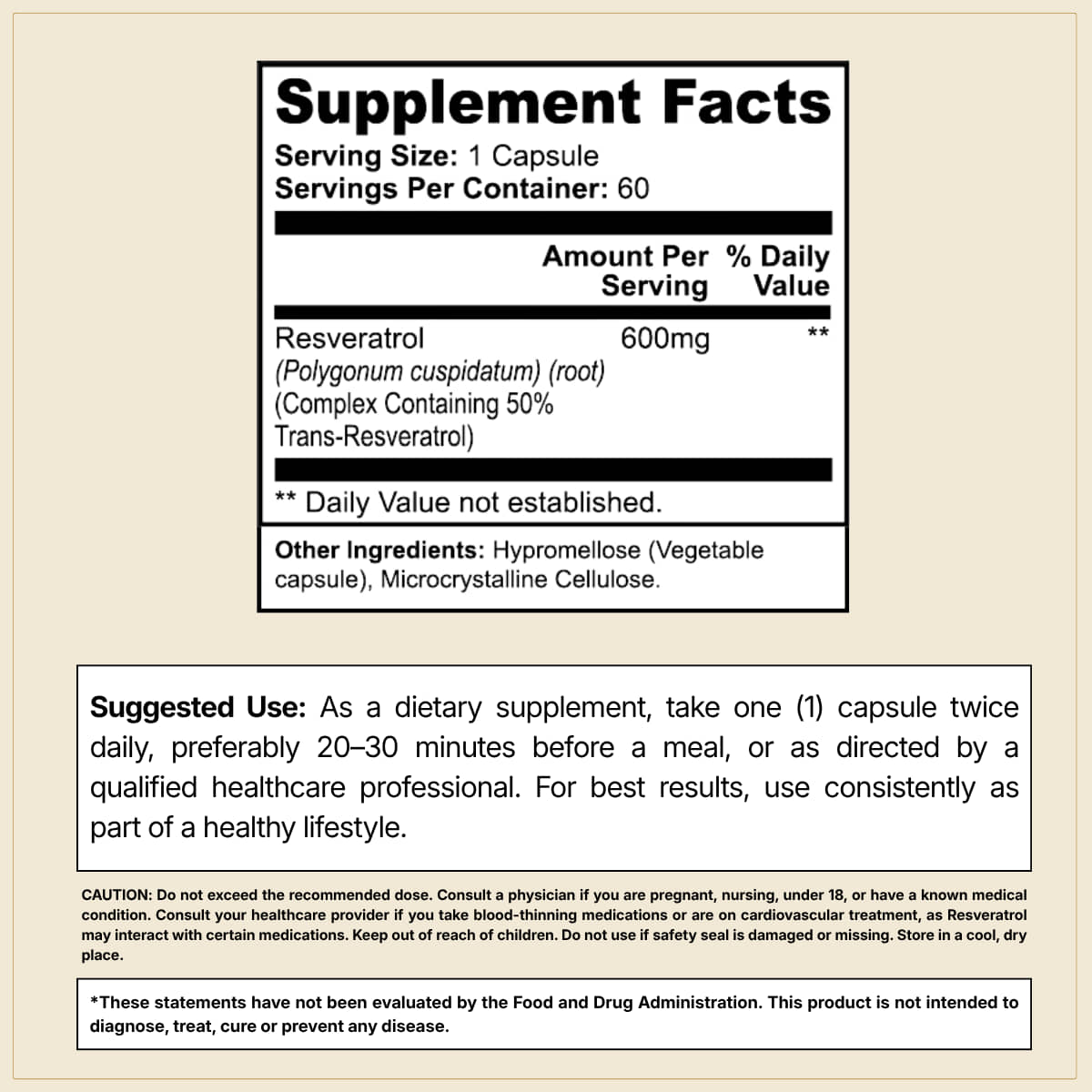 CELLSHE Resveratrol 600 Supplement Facts panel: 600 mg resveratrol per capsule, other ingredients, and suggested use